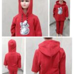 Kids Velvet Hoodie Pajama Set – Cat Print (Red)